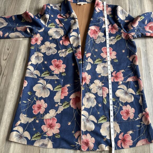 Anthropologie Solitaire Blue Floral Faux Suede Oversized Blazer Jacket Sz Large - Picture 8 of 13